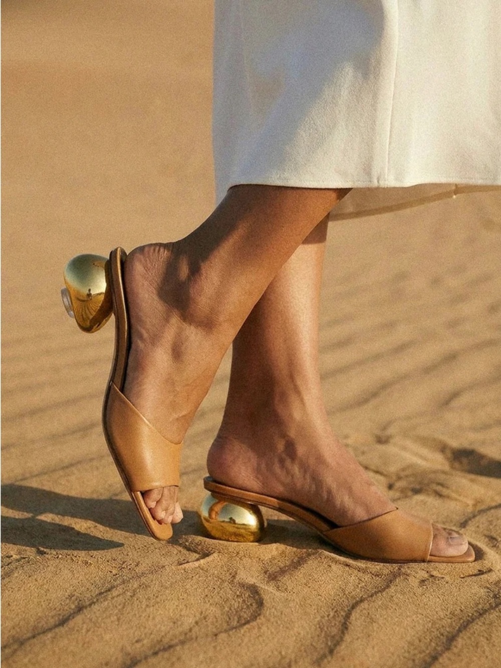 CULBIA Leather Slip-On Sandals with Sculpted Gold Heel - Camel